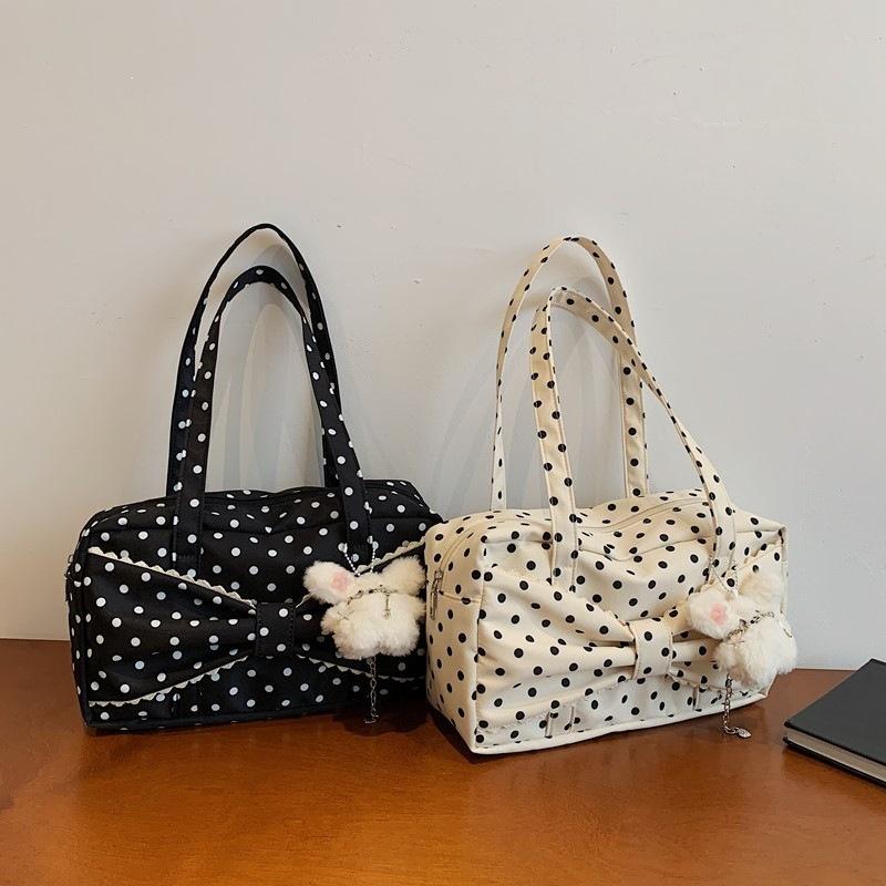 Korean Polka Dot Tote Bag With Bow Decor Large Capacity Shoulder Bag Casual Stylish Handbag Lightweight Fabric For Daily Commute