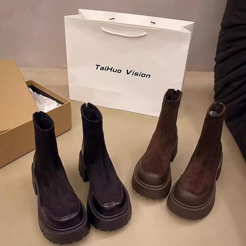 Designer Platform Winter Boots Women Zip Open Cozy Flock Ankle Booties Thick Bottom High Heels Botas Mujer Leather Botines