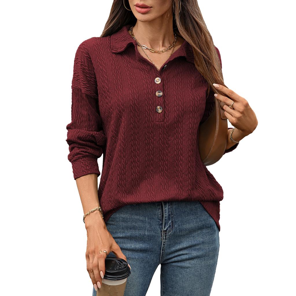 A New Solid-color Lapel Button Loose Long-sleeved Sweatshirt for Women In Autumn and Winter