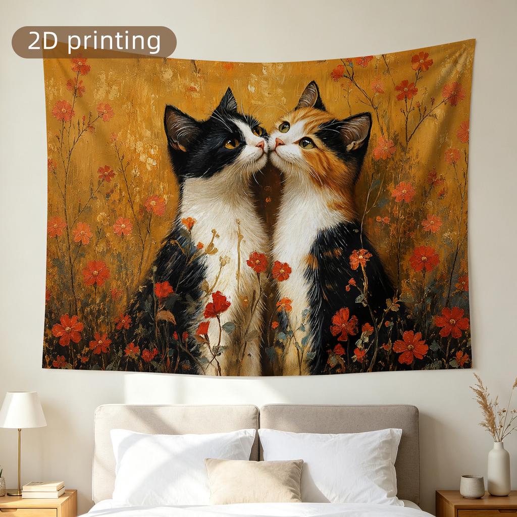 Whimsical Cat and Floral Tapestry Wall Hanging Bohemian Polyester Print Art for Boho Living Room Home Decor Curtain
