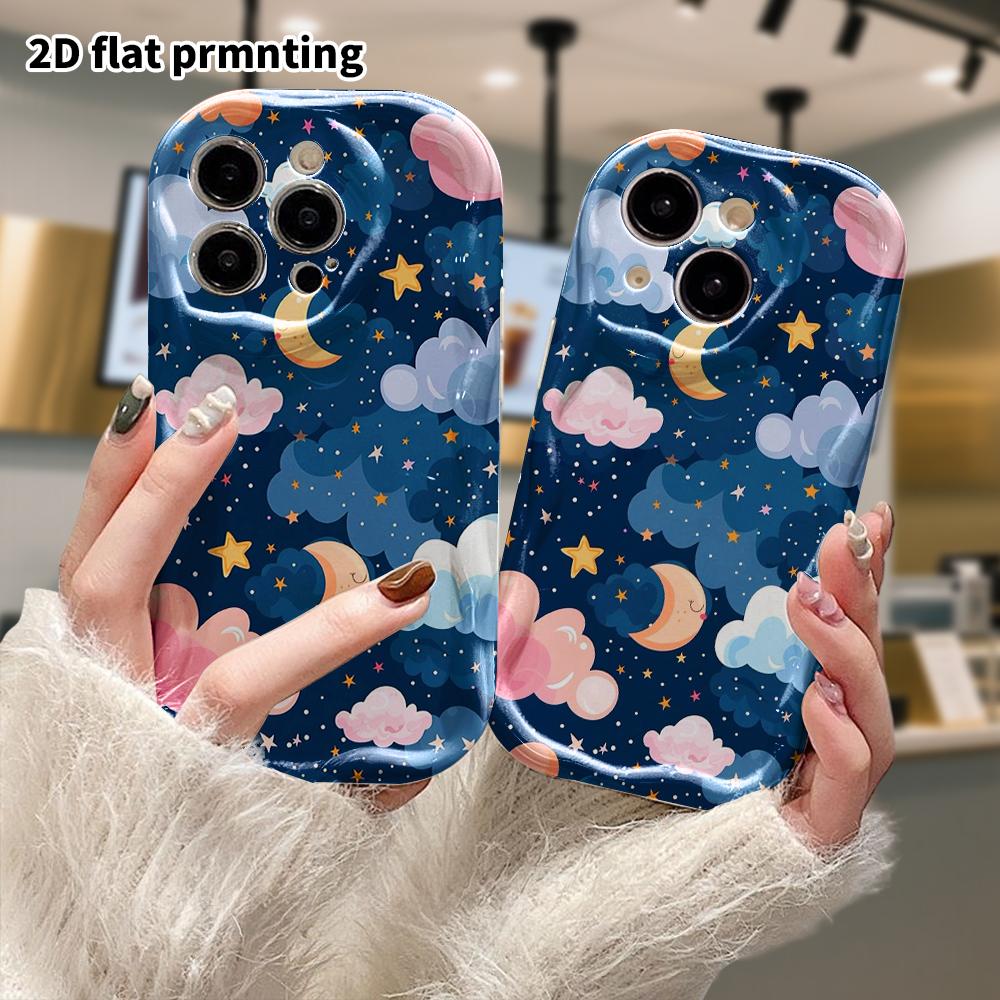 Phone Case: 2D Flat, Suitable for iPhone 18, 17, 16, 15, 14, 13, 12 Pro Protective Cases, Light Cartoon Night Sky with Stars and Moon, Perfect Christm