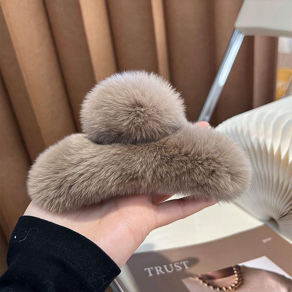 Pure Color Faux Fur Large Hair Clip Leopard Print Winter Hair Accessories Sweet Grasp Clip Girls