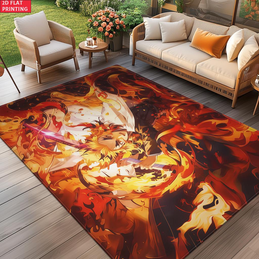 Anime Swordsman Area Rug,Flame Theme Floor Mat, Decorative Carpet for Gaming Room Bedroom Living Room, Washable Home Decor Gift