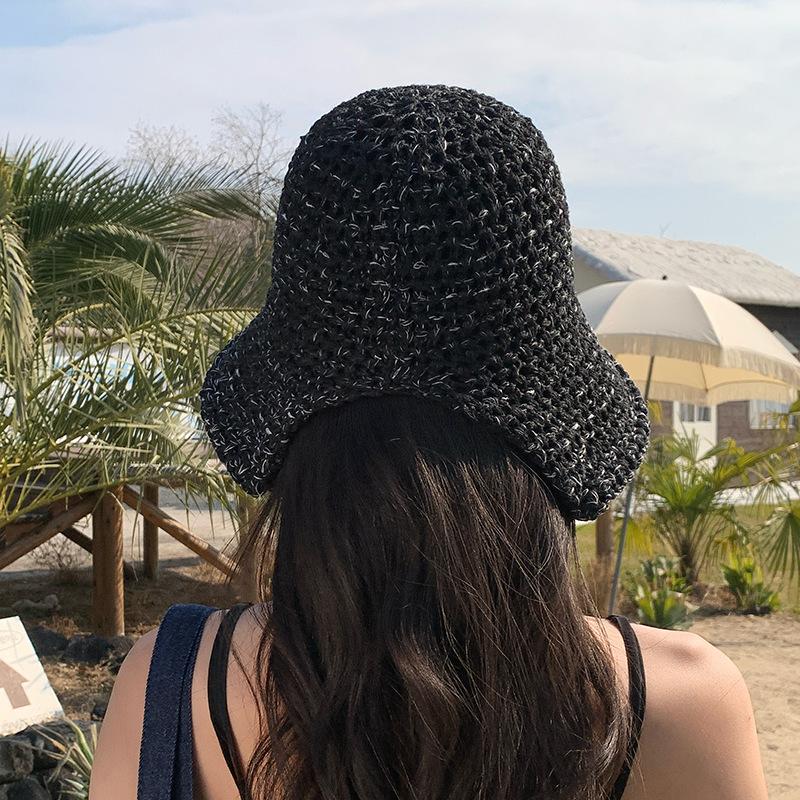 Summer solid color strap bucket hat knitted versatile breathable hat women's sunscreen sunshade seaside bucket hat