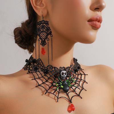 Halloween Totenkopf Spinne Spitze Halskette Ohrringe Zweiteiliges Set Damen Retro Persönlichkeit Kragen Ohrringe