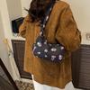 Casual Floral Print Shoulder Bag Pleated Ruffled Handle Bow Armpit Bag Canvas Drawstring Underarm Bag