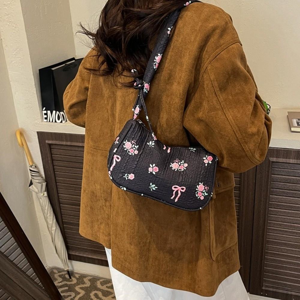 Casual Floral Print Shoulder Bag Pleated Ruffled Handle Bow Armpit Bag Canvas Drawstring Underarm Bag