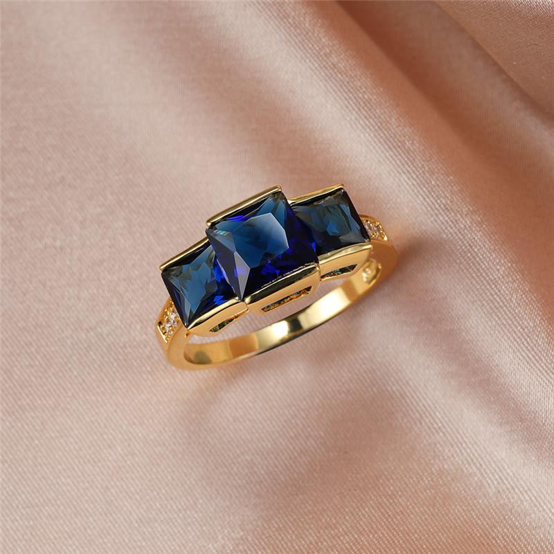 Luxury Female Crystal Blue Stone Big Yellow Gold Color Wedding Jewelry For Women Vintage Bride Square Engagement Ring