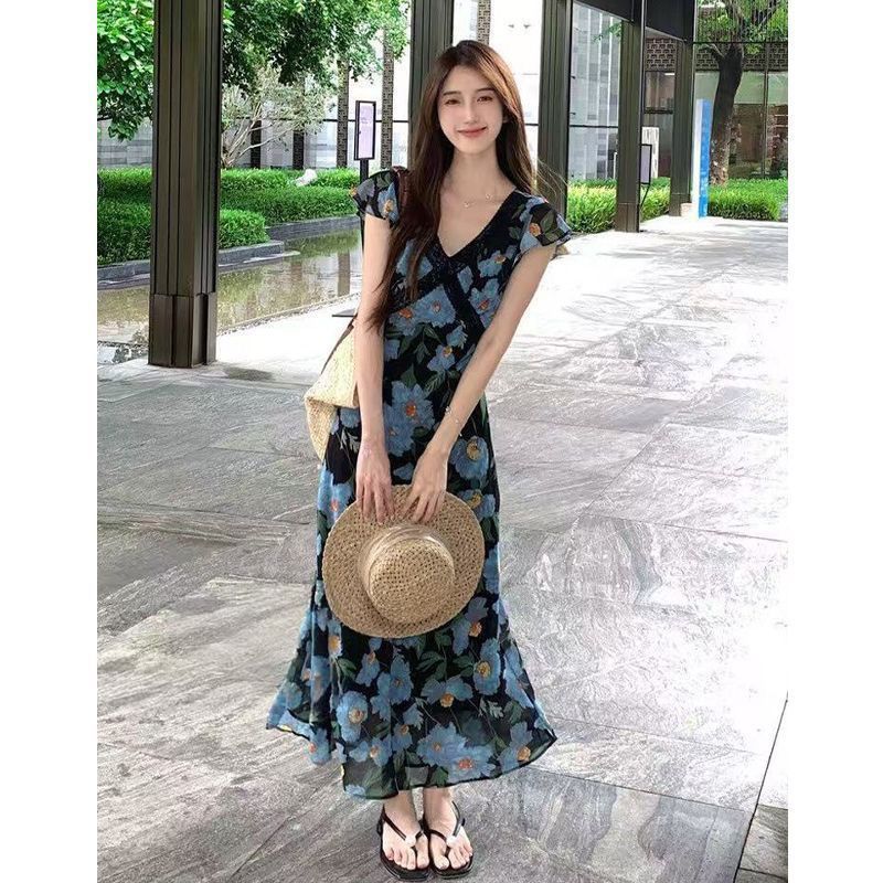 Summer new French holiday style V-neck lotus leaf sleeve splicing high waist versatile long dress printed floral dress women