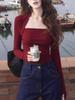 Versatile French Red Square Neck Slim Fit Long Sleeve Top for Early Autumn