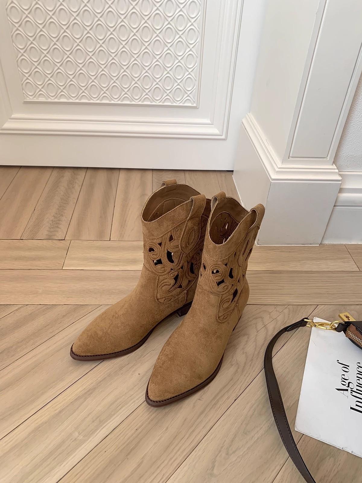 

Cowhide version~ Grape mother same Spice Girl thick heel pointed knight boots women s hollow embroidery mid tube western cowboy boots 40