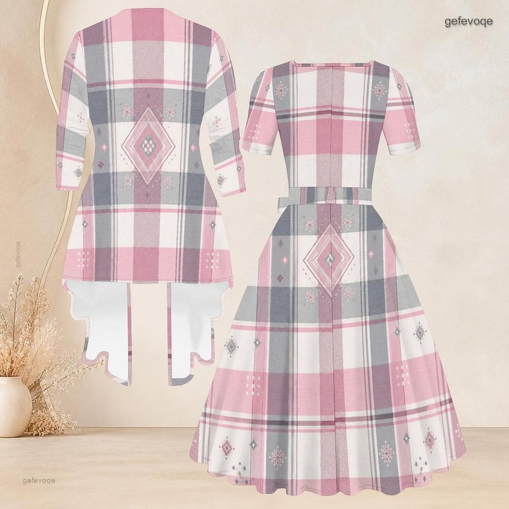 Women Plus Size Two Piece Set Abstract Printed Square Neck Tie Waist Flared Dress 3 4 Sleeve Cardigan