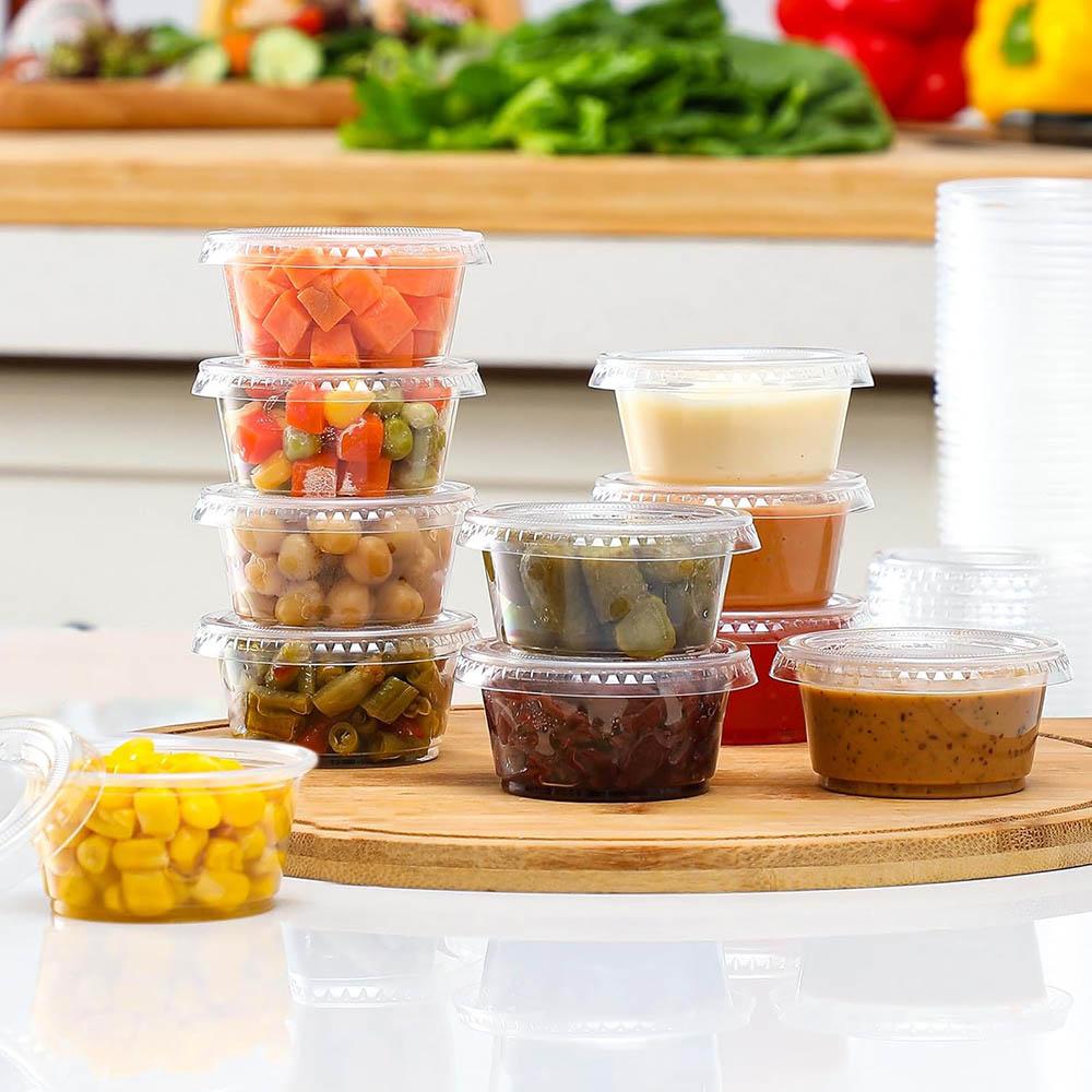Jello Shot Cups with Lids,Stackable Food Safe Disposable Plastic Portion Condiment Dipping Sauce Cups for Salad Dressing