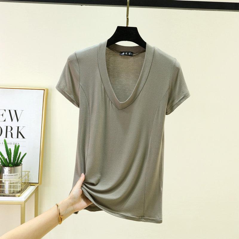 Plus size L to 6XL Modal V-Neck T-shirt Short sleeved Tees Women Ultra-thin Layering Top solid color base layer tops