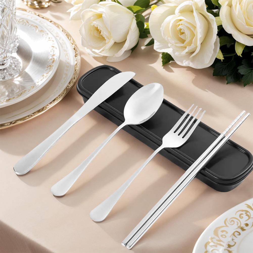 4pcs/set Reusable Convenient Tableware Set with Storage Case Stainless Steel Portable Utensils Set Silverware Set for Lunch Camp