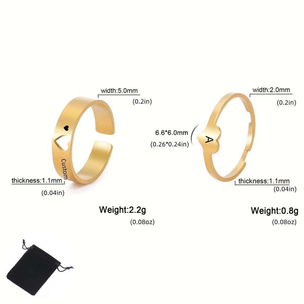 Customized Name Letter Heart Shaped Couple Ring Stainless Steel Simple Love Open Adjustable Ring Fashion Couple Gift