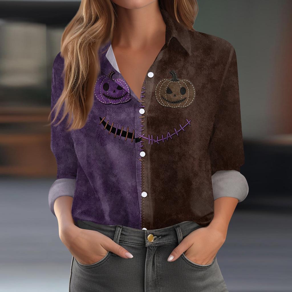Women's Long Sleeve Button Down Shirt Casual Halloween Print Top Blouse