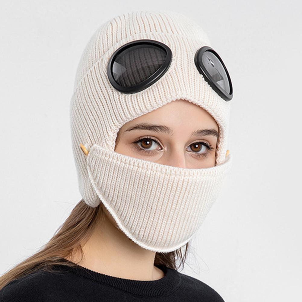 3 In 1 Knitted Goggles Beanie Thicken Winter Hat Korean Style Warm Balaclava All In 1 Protection Super Soft Fleece Lining