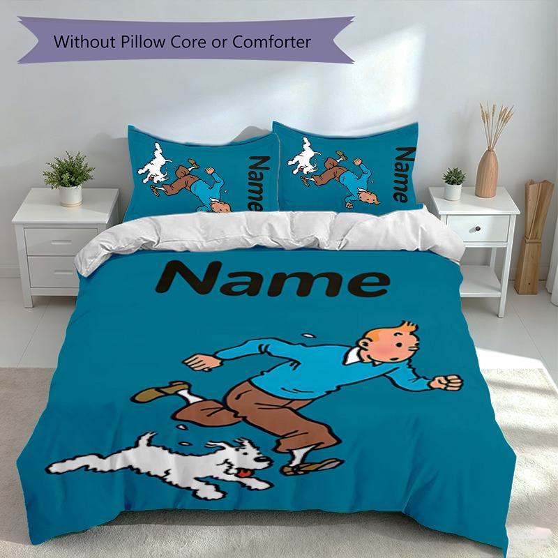 Juego de Ropa de Cama Las Aventuras de Tintín con Nombre Personalizado de 3 Piezas, Incluye 1 Funda Nórdica y 2 Fundas de Almohada, Decoración de Dormitorio para Todas las Estaciones
