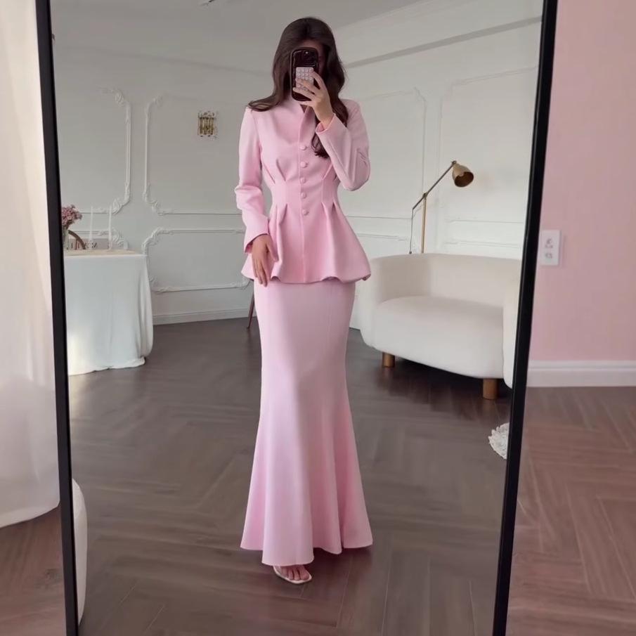 

2025 Stylish European & American Women s Long Sleeve Buttoned Waist Slimming Dress XXXL розовый