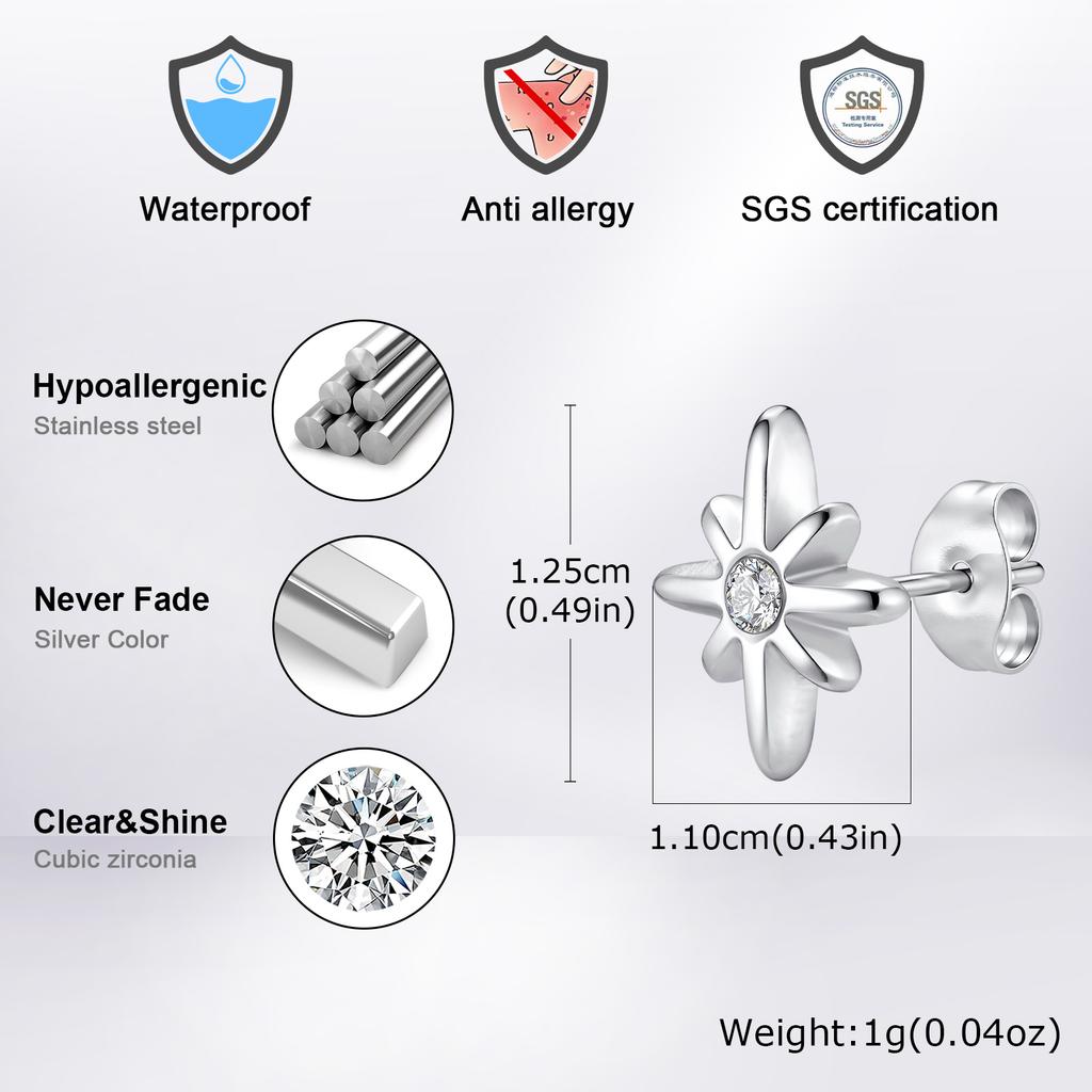 Xiaomi Vnox Stainless Steel Eight-pointed Star Stud Earrings, White Zircon North Star Earring for Men, Punk Minimalist Ear Jewelry Gift
