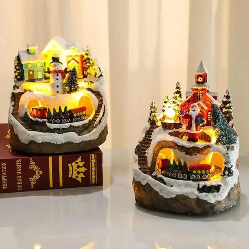 Unique Christmas Village Houses Sets Rotating Train Display Figurines-LED Light Up Musical,Battery Operated Holiday Decoration