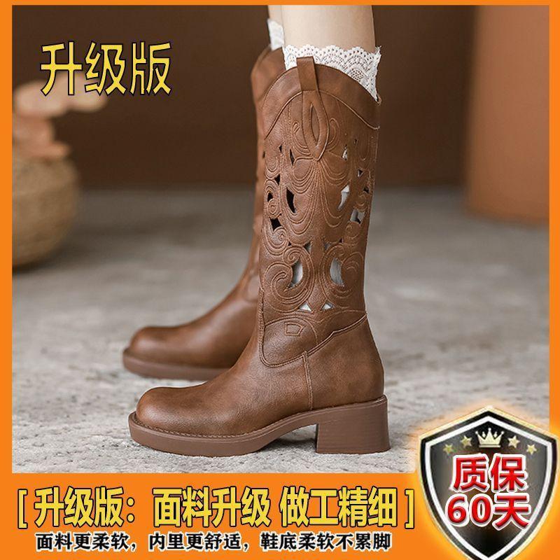 Cizme cowboy western retro brodate, cizme subțiri de vară goale, cizme de damă de vară respirabile de modă, cizme cavaler cu tub mediu