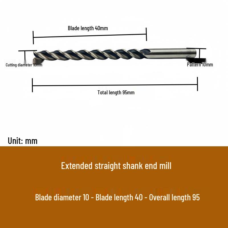 High-Speed Steel Extended Straight Shank Three-Flute End Mill, 2.5-10mm, White Steel