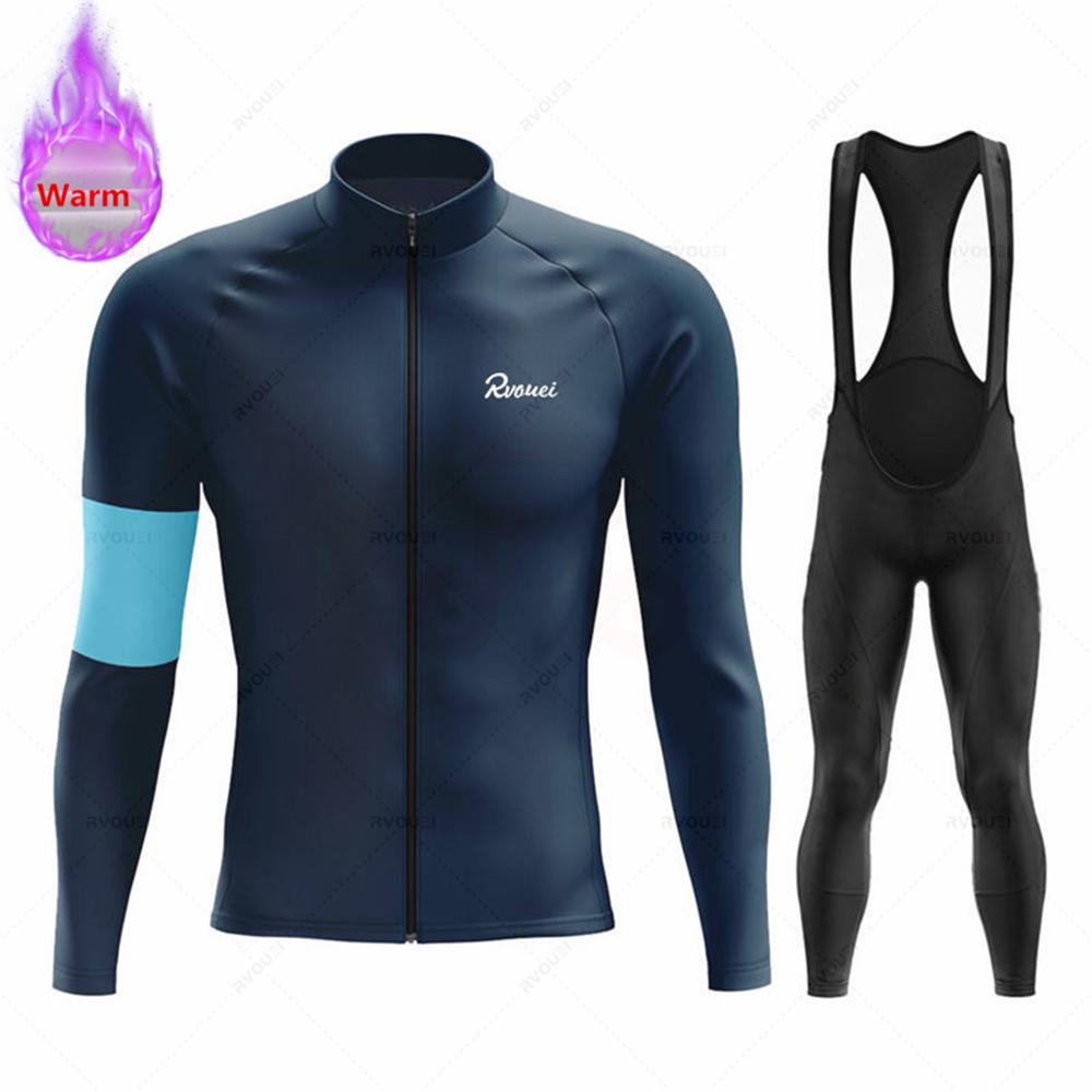 Winter Rvouei Cycling Clothing Men's Thermal Fleece Bicycling Clothing Set Outdoor MTB Bike Bib Pants Ropa Maillot Ciclismo
