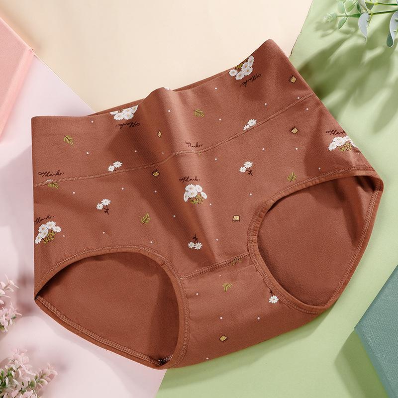 Ropa interior ajustada de cintura alta de algodón puro, ropa interior elástica estampada para mujer con pantalones triangulares que levantan la cadera