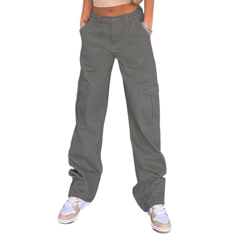 Womens High-Waisted Straight Leg Cargo Pants With Multiple Pockets Cotton Denim Workwear
