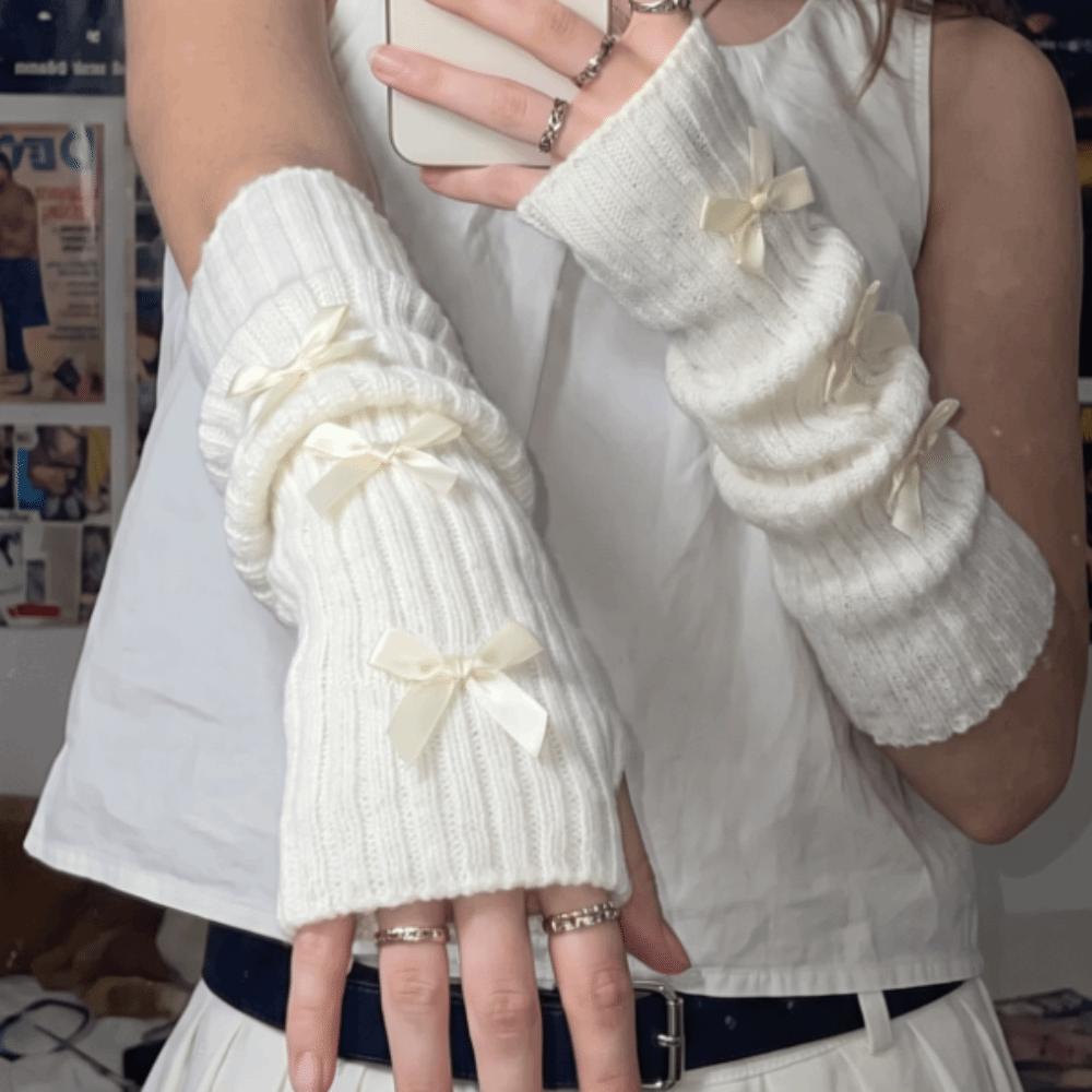 Slouchy Bow Knitted Arm Warmers Long Wrist Cuffs JK Style Sleeve Covers Street