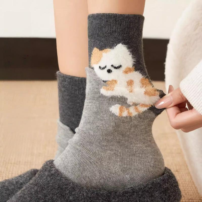 1/4 Paar Lustige Niedliche Katzen Druck Mittellange Socken Cartoon Haus Bodensocken Für Damen Herren Winter Warm Baumwolle Weiche Socke Geschenke für Freunde