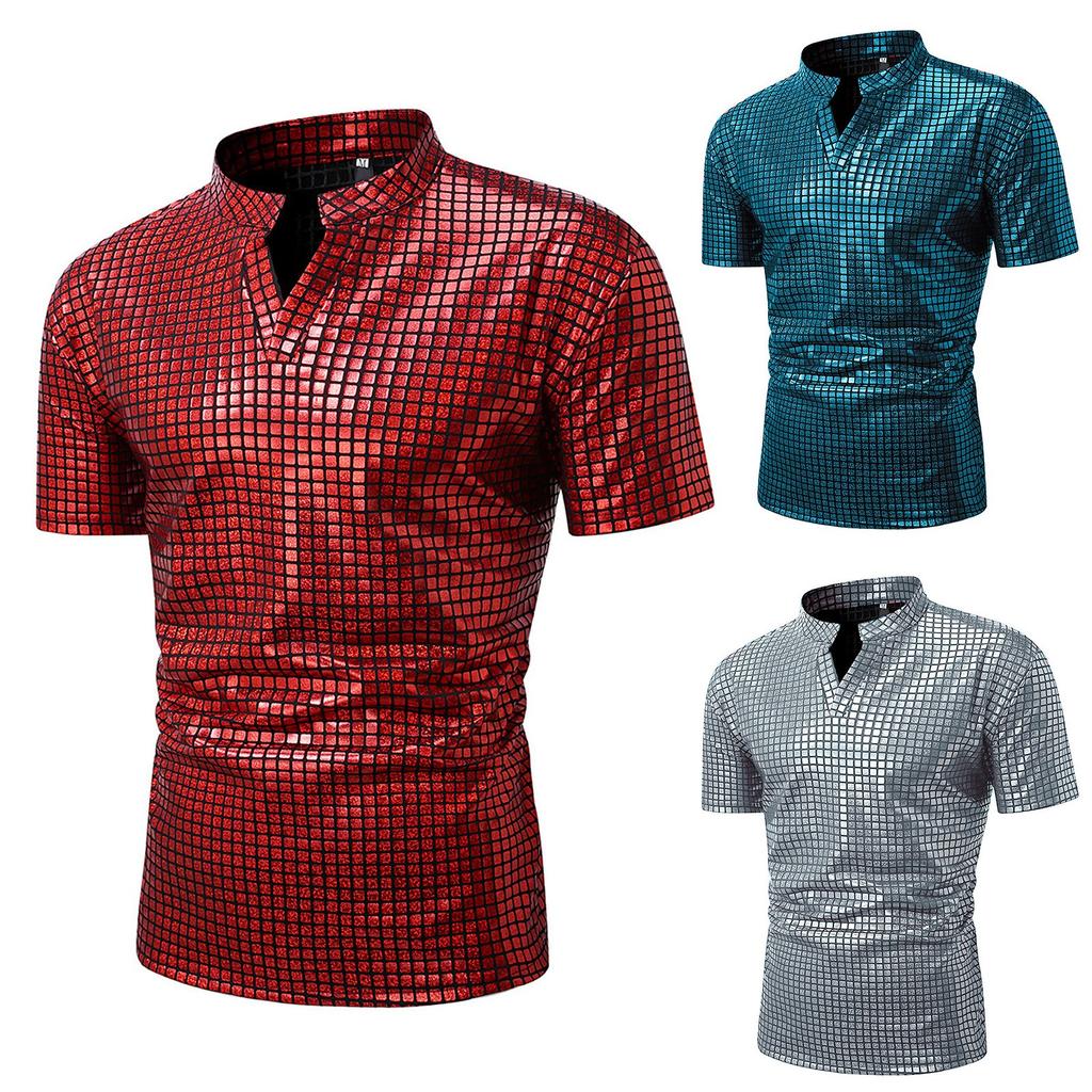 Men's Summer Plaid Tops Printed Shiny Men's Tops Casual T-shirts Men
