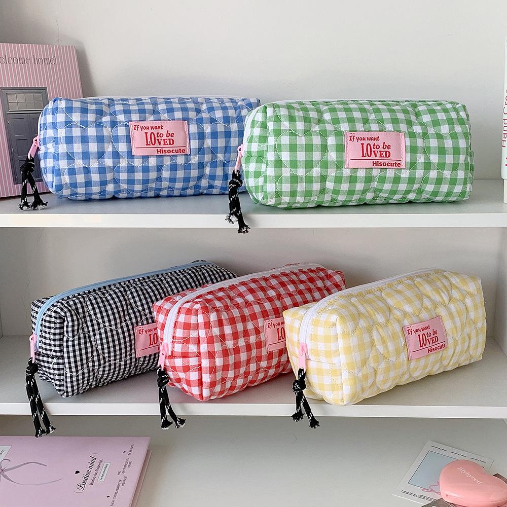 1pcs Quilted Heart Grid Pencil Pouch Korean Style Student Stationery Bag Portable Holder Storage Pouch Girls Bowknot Plaid