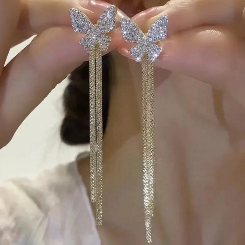 Elegant Zircon-studded Butterfly Golden Tassel Earrings For Women Personalized Daily Accessories Party Jewelry Birthday Gifts