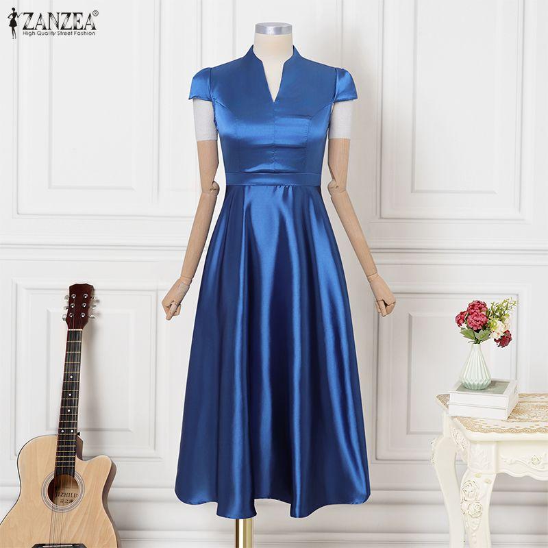 ZANZEA Women Elegant V-Neck Casual Short Sleeve Satin Dress