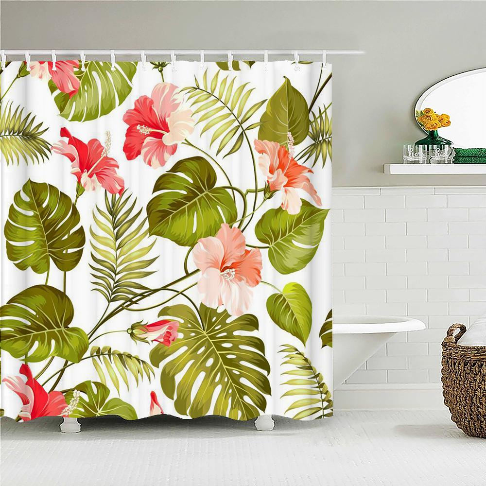 Green Leaf Plants And Flowers Shower Curtain Print Modern Nordic Minimalist Polyster Home Decor Bathroom Curtain With Hooks