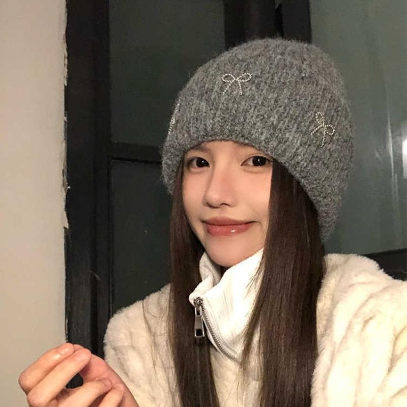 Fashion versatile big head circumference knitted wool hat winter hat women's bow sweet ear protection warm hat