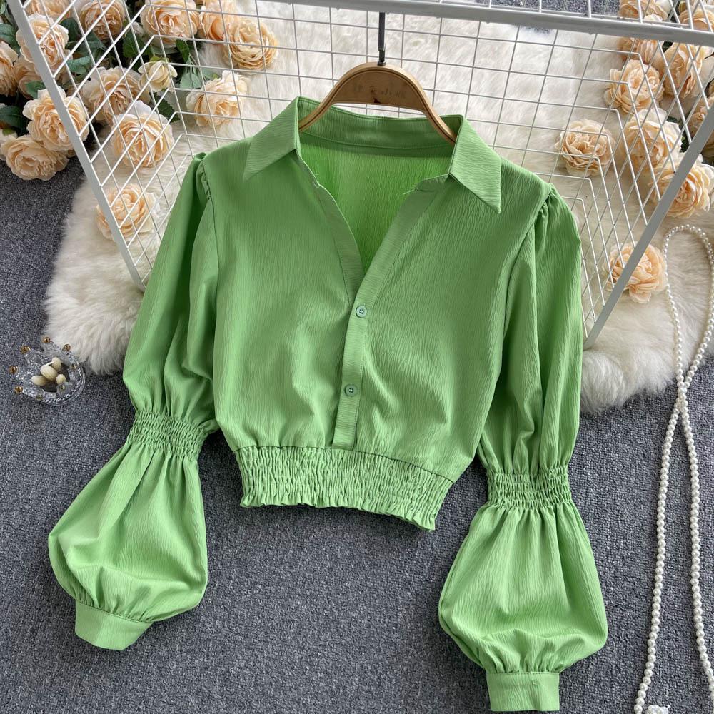 Bubble Sleeve Blouse Top Women's Waisted Short Chic Temperament Shirt