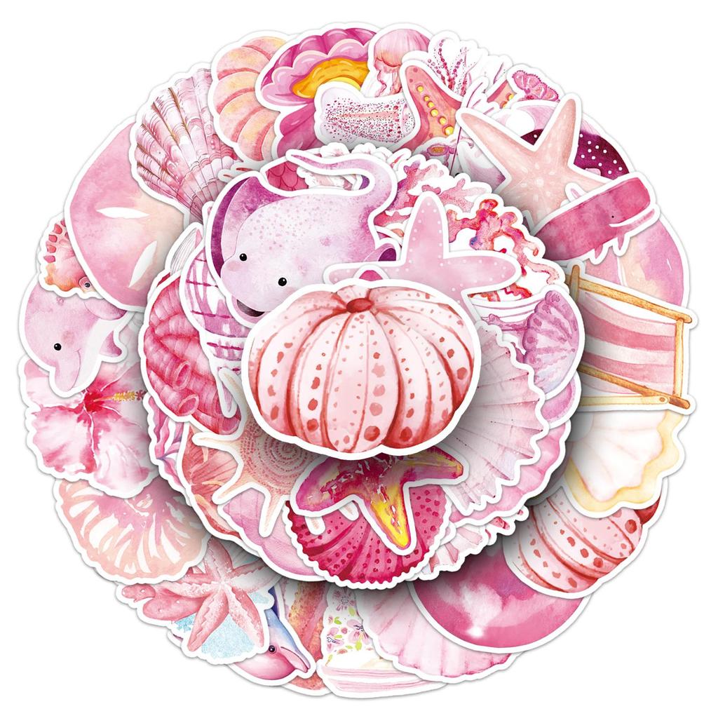 50 Pink Ocean Sea Turtle & Jellyfish Stickers for Water Cups, Desktops & Headphones