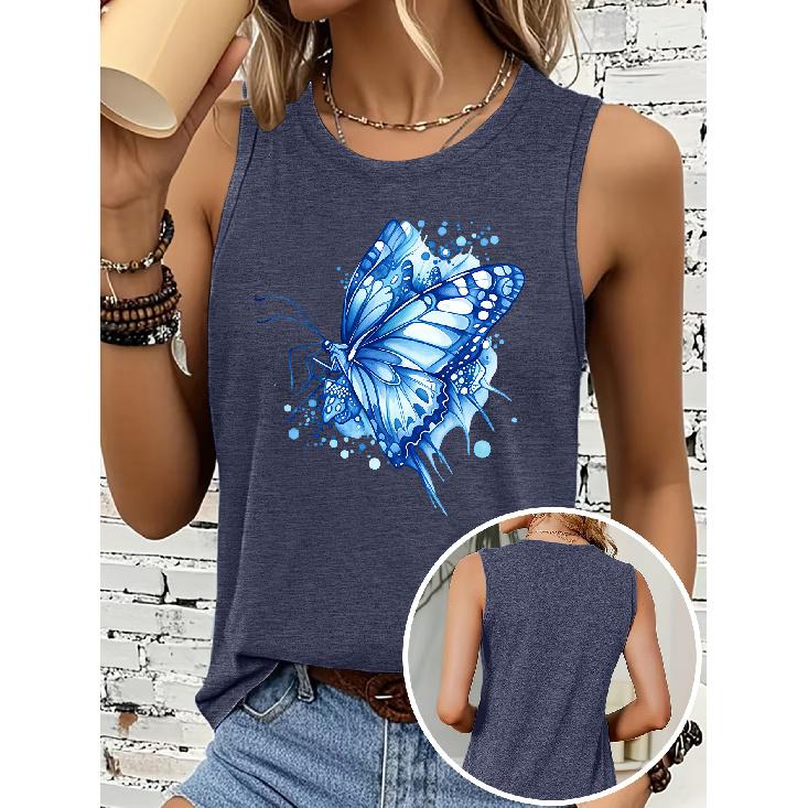Blue Ink Wash Butterfly Print Women Sleeveless Vest Round Neck Skin Friendly Medium Elastic Casual Daily Tank Top