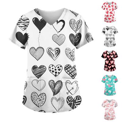 Women's Fashion Printed Uniform Overalls Slanted Collar Double Pocket T-Shirt Short Sleeve Top