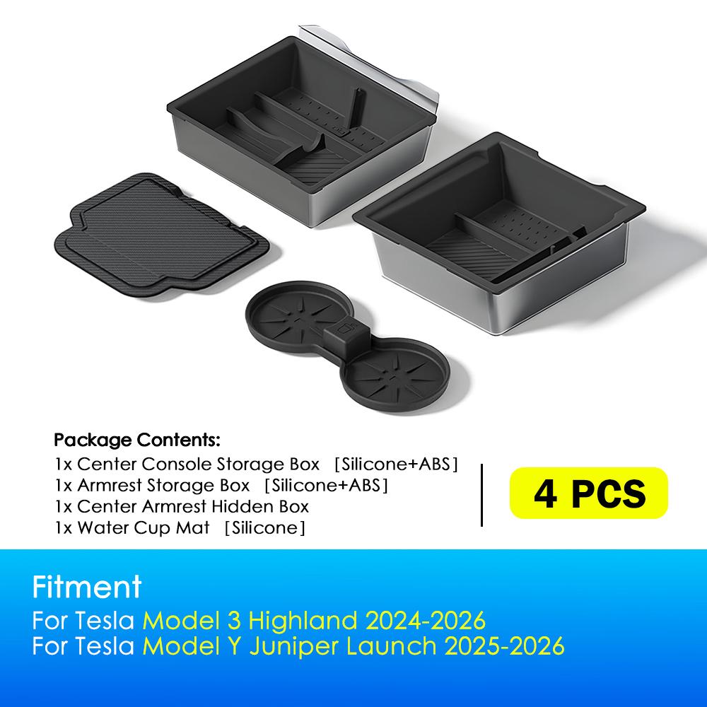 Heenvn Console Armrest Storage Box For Tesla Model Y Juniper Model 3 Highland 2024-2026 ABS Silicone Watercup Mat Accessories