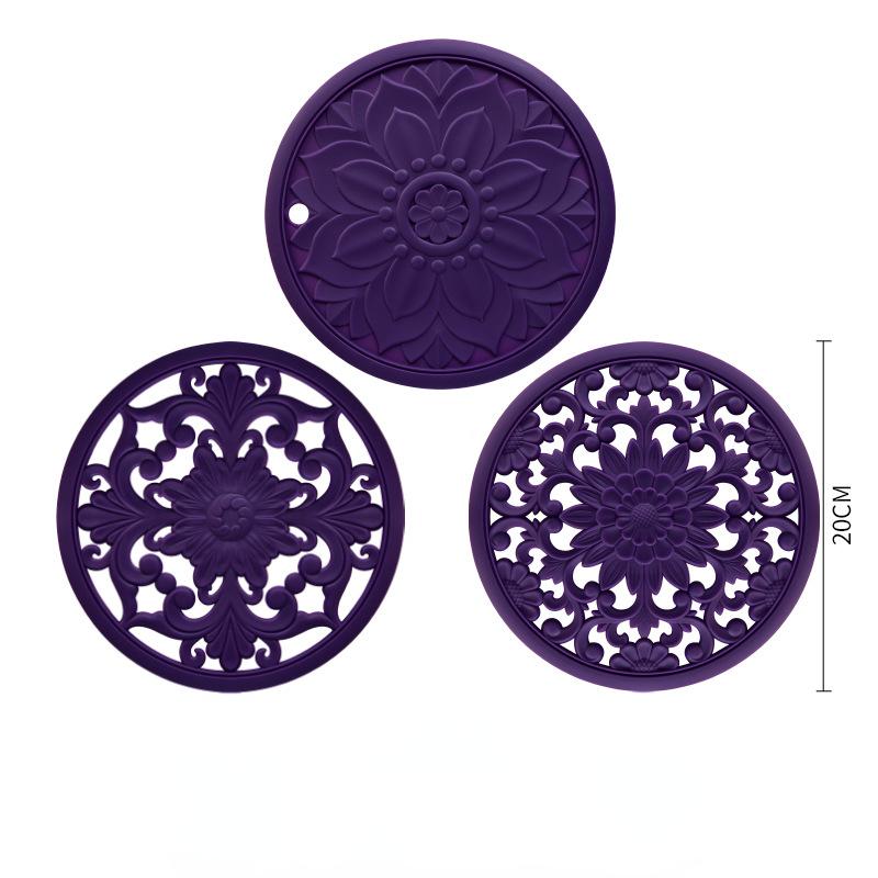 3pcs Round Silicone Placemats Retro Hollow Carved Dining Table Mats Set for Table Dishes and Pot Holders Kitchen Hot Pads