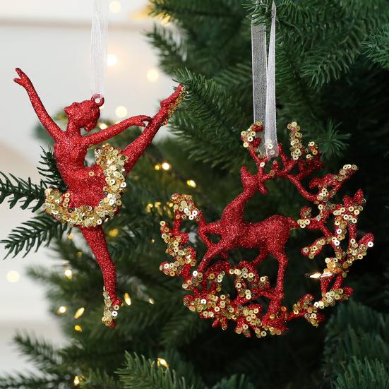 Glitter Sequined Christmas Ornament Red Snowflake/Butterfly/Star/Reindeer/Ballerina Hanging Decoration for Xmas Tree Doors Walls Holiday Home Decor