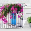 Fleurs Rouges Porte Grecque Bleue Avec Vue Sur Mer Sur Île Rideaux de Douche Tissu Imperméable Ensemble de Rideaux de Salle de Bain Décoration de Baignoire pour la Maison