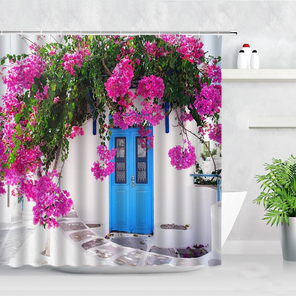 Fleurs Rouges Porte Grecque Bleue Avec Vue Sur Mer Sur Île Rideaux de Douche Tissu Imperméable Ensemble de Rideaux de Salle de Bain Décoration de Baignoire pour la Maison