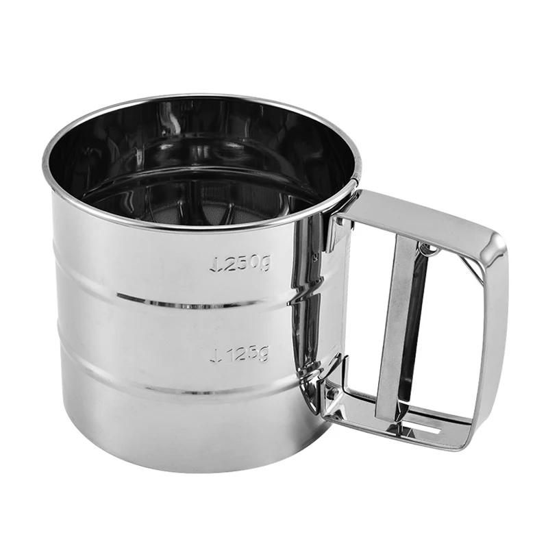 

Stainless Steel Flour Sifter Cup Manual Shaker Sieve Cup For Baking Coffee One Hand Press Flour Sifter With Scale Cake Tool