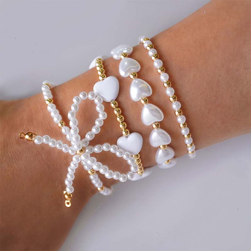4Pcs/Set Vintage Gold Color Heart Pearl Bowknot Bracelet Set for Women Elegant Beaded Chain Bracelets Bangles Zircon Gifts